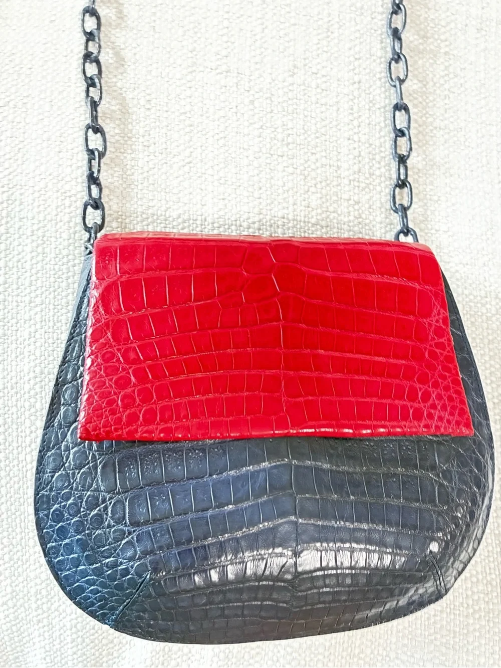 Nancy Gonzalez Rare VGC Navy/Red Crocodile Round Flap-Top Crossbody Bag